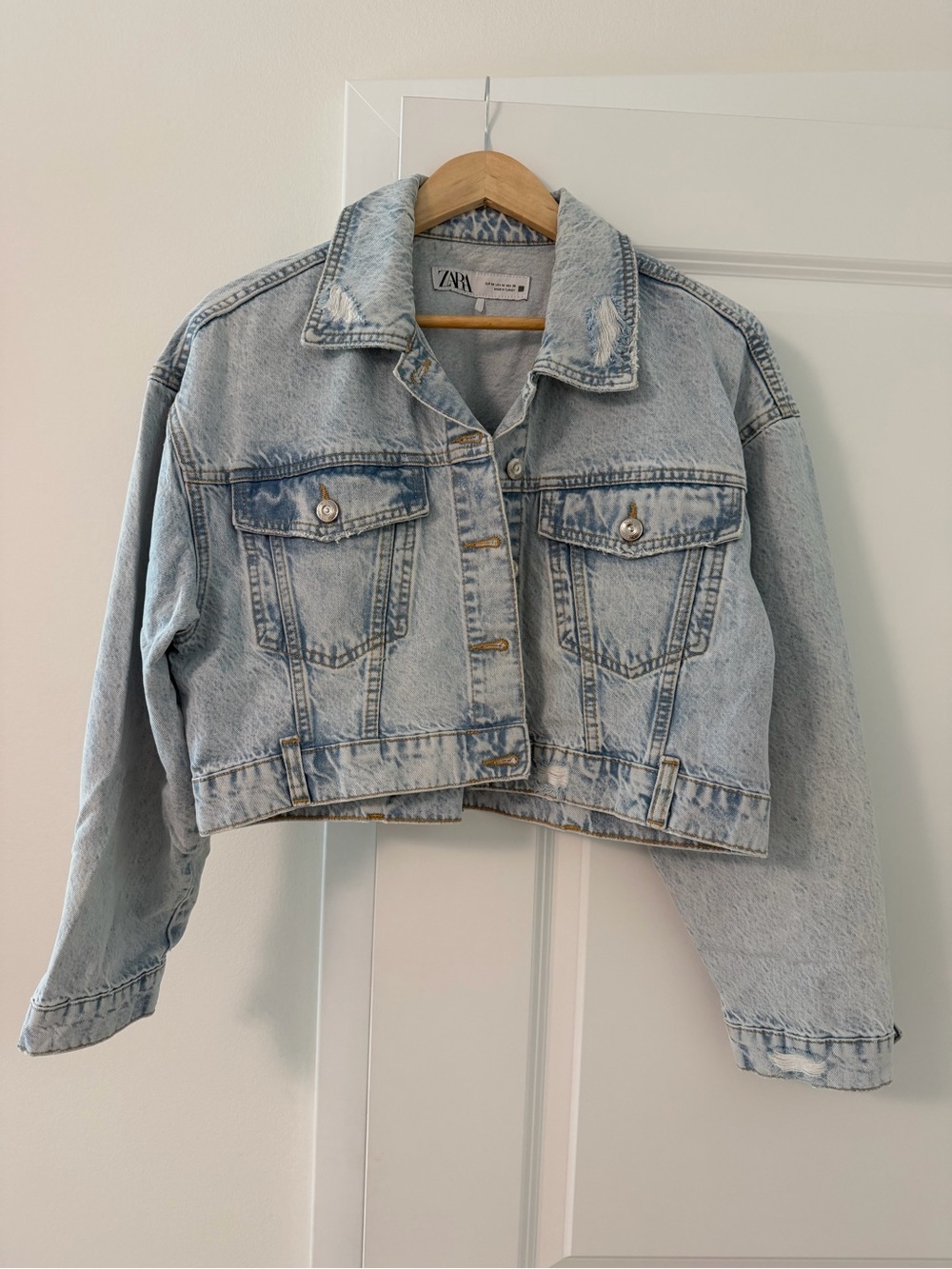 Zara Washed Light Blue Cropped Denim Jacket